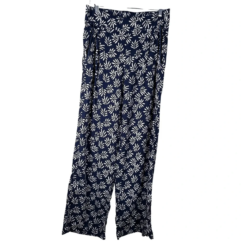 Skemo Palm Pants Navy White Tropical Leaf Print Wide Leg Rayon XL NEW Beach Boho